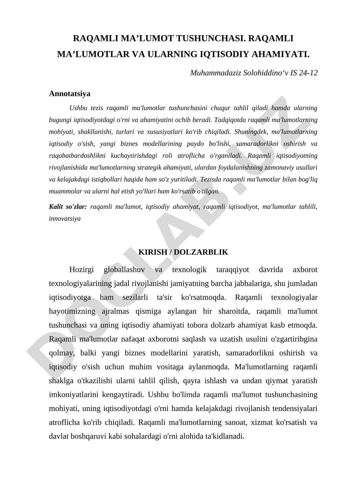 Raqamli ma'lumot tushunchasi va ularning iqtisodiy ahamiyati