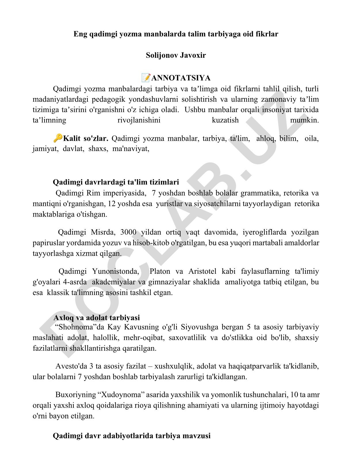 Qadimgi yozma manbalarda ta'lim va tarbiyaga oid fikrlar tahlili