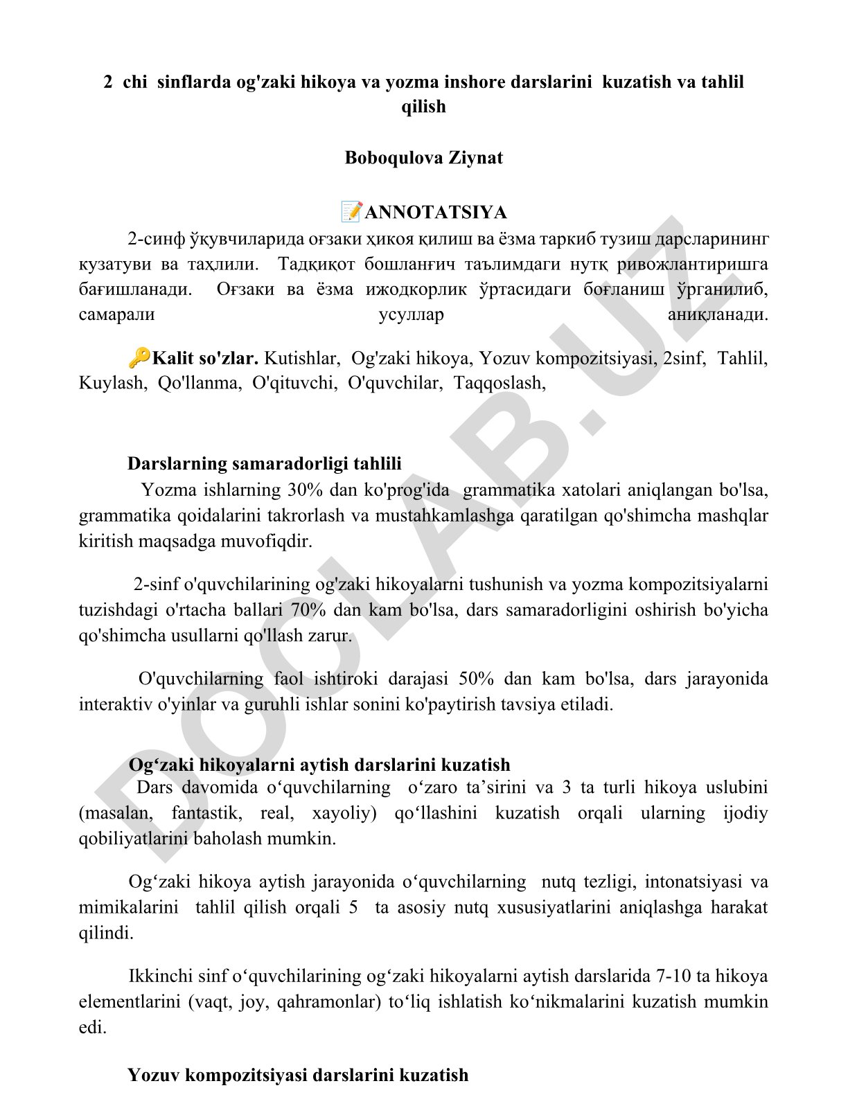 2-sinf o'quvchilarida og'zaki hikoya va yozma insholar darslarini kuzatish va tahlil qilish