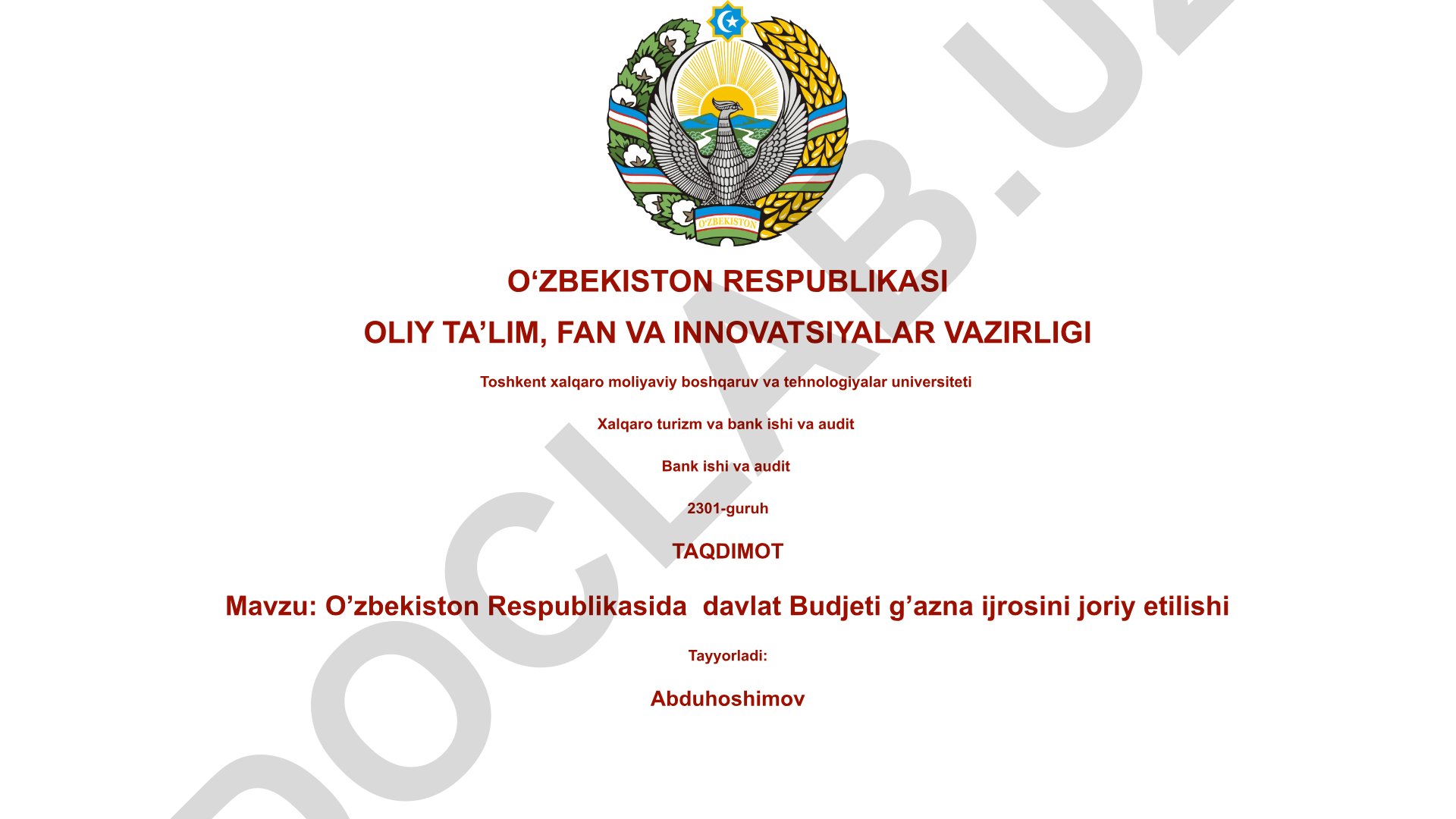 O'zbekiston Respublikasida davlat budjeti g'azna ijrosini joriy etilishi