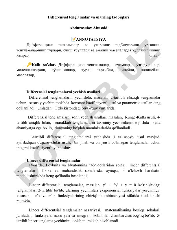 Differensial tenglamalar va ularning tadbiqlari