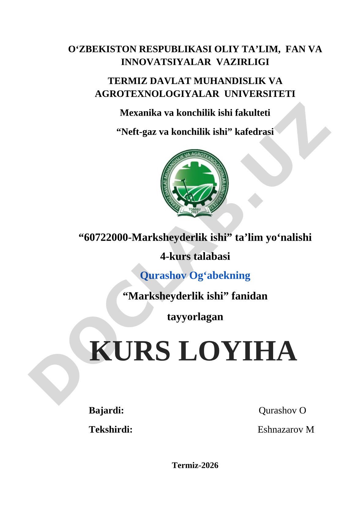 Marksheyderlik ishi fanidan kurs loyihasi: 2 qavatli katej uylar qurilishida g'isht va jips loy materiallarining texnik-iqtisodiy ko'rsatkichlari tahlili