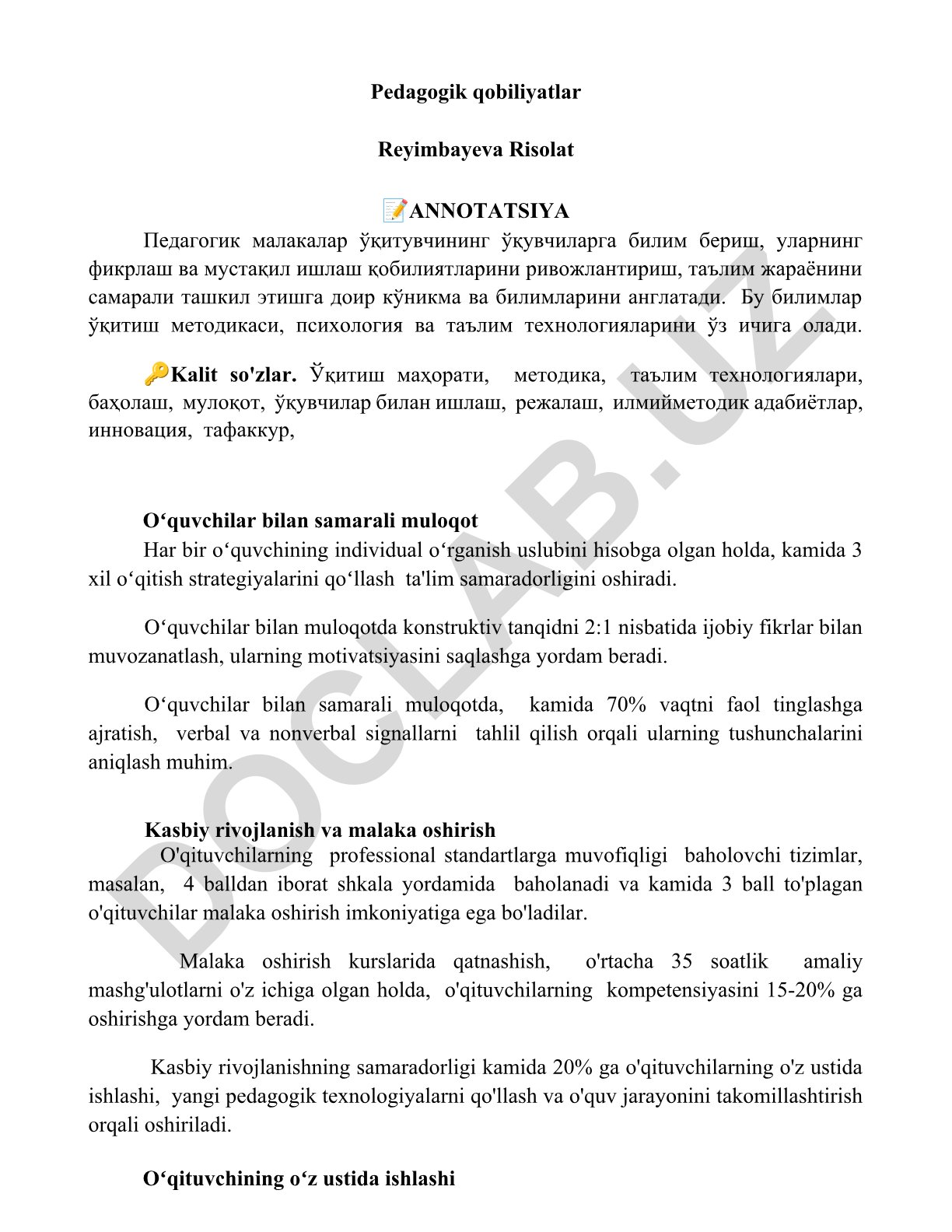 Pedagogik qobiliyatlar va o'qituvchilarning kasbiy rivojlanishi