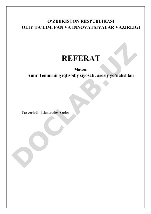 Amir Temurning iqtisodiy siyosati: asosiy yo’nalishlari