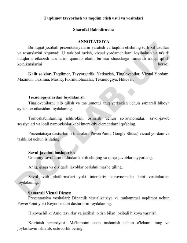Taqdimot tayyorlash va taqdim etish usul va vositalari