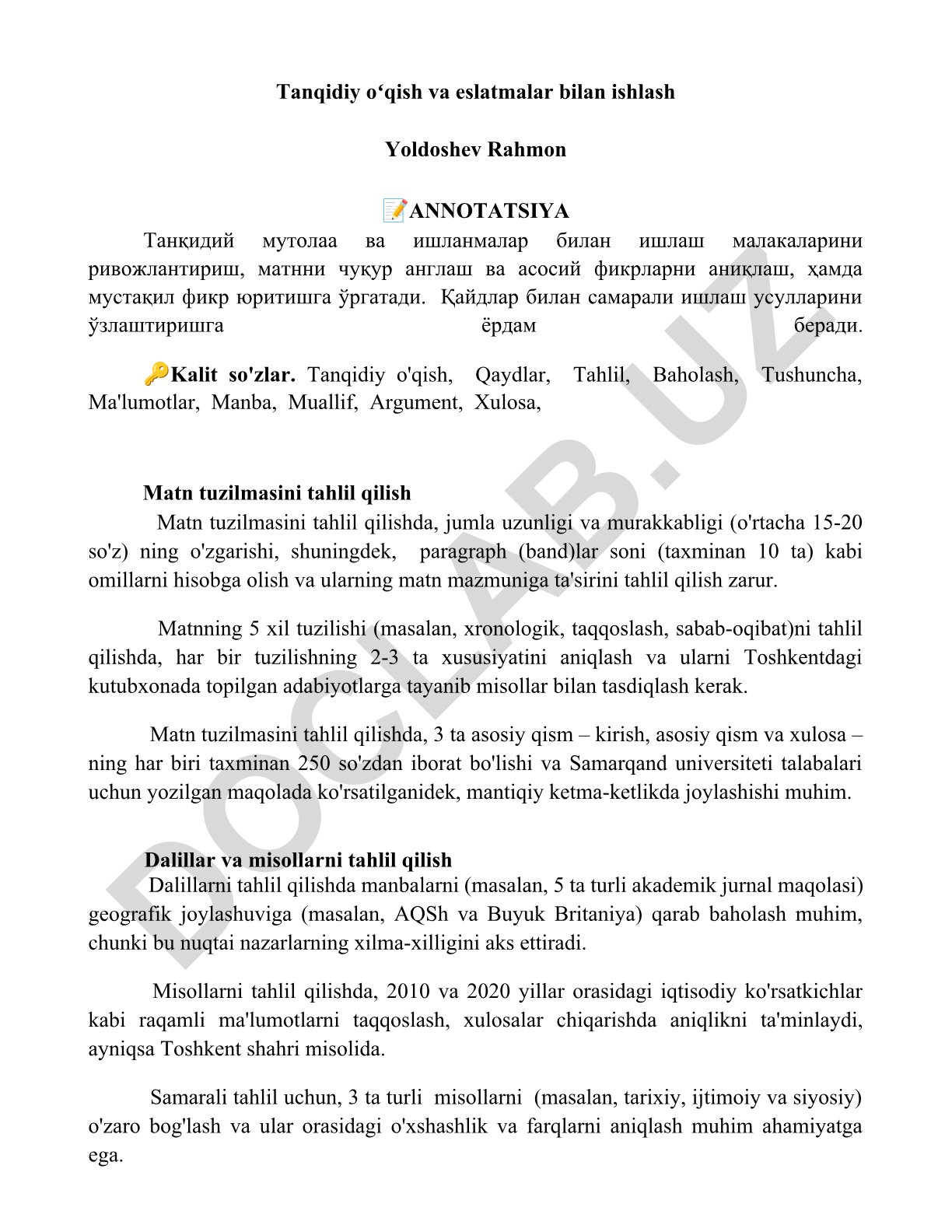 Tanqidiy o'qish va eslatmalar bilan ishlash