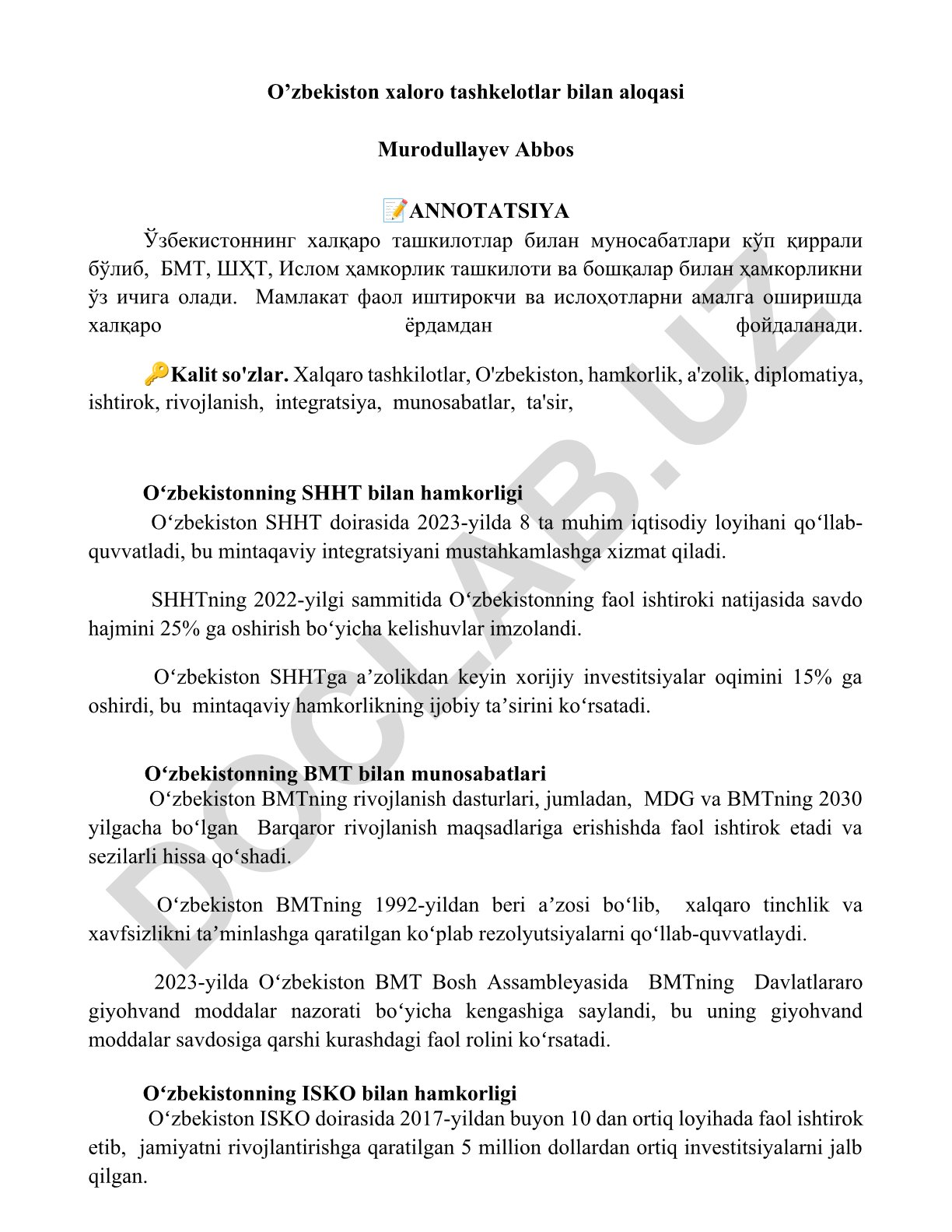 O'zbekistonning xalqaro tashkilotlar bilan aloqalari