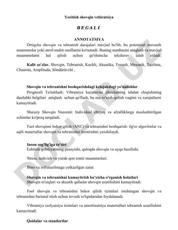 Shovqin va tebranishning ta'siri va boshqarish usullari
