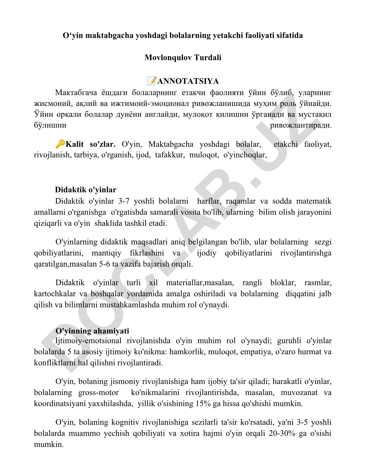 Maktabgacha yoshdagi bolalarning yetakchi faoliyati sifatida o'yin