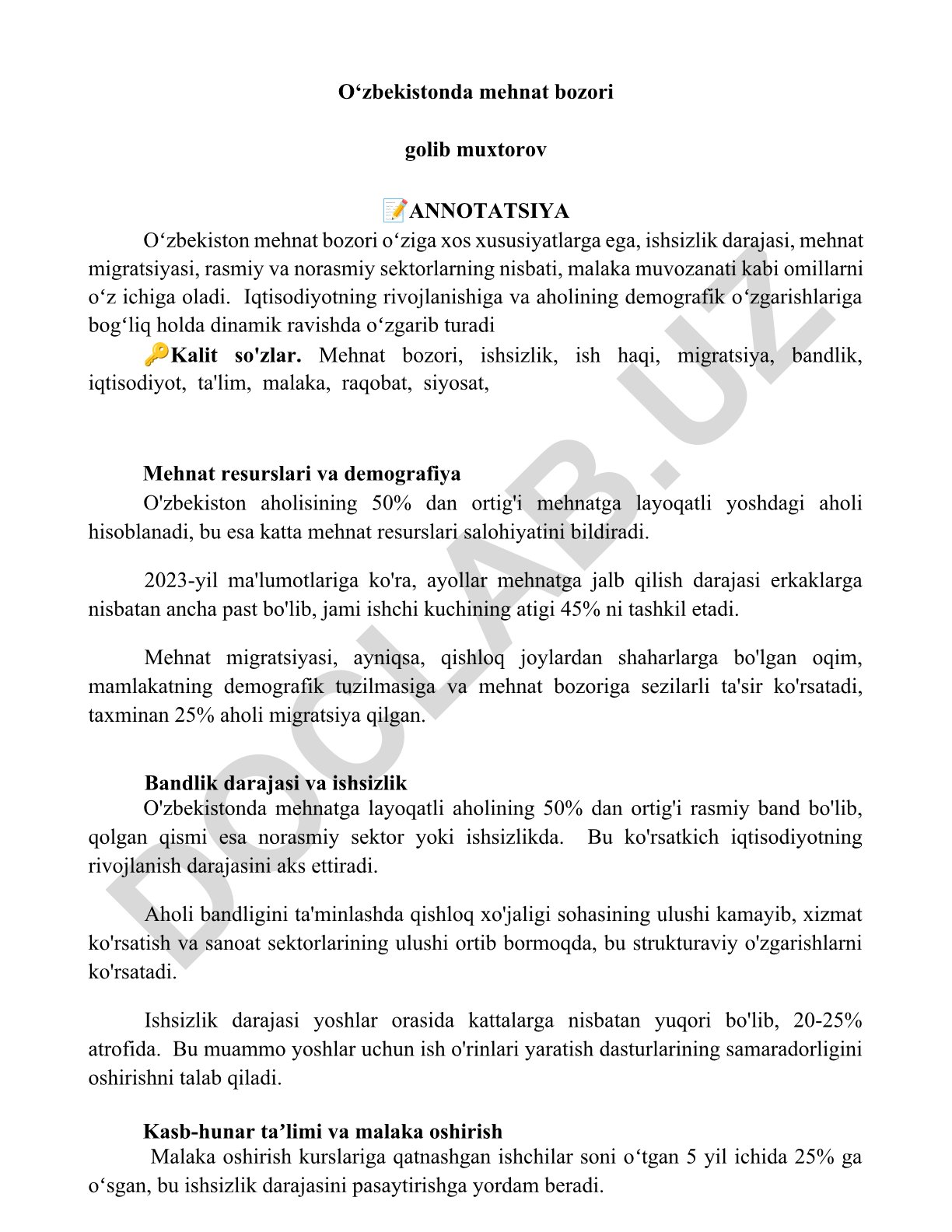 O'zbekistonda mehnat bozori