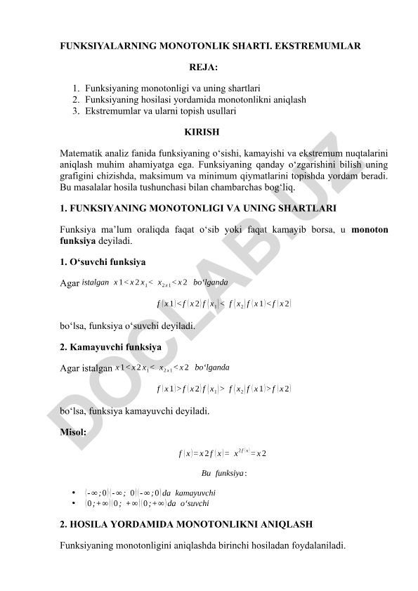 Funksiyalarning monotonligi va ekstremumlari
