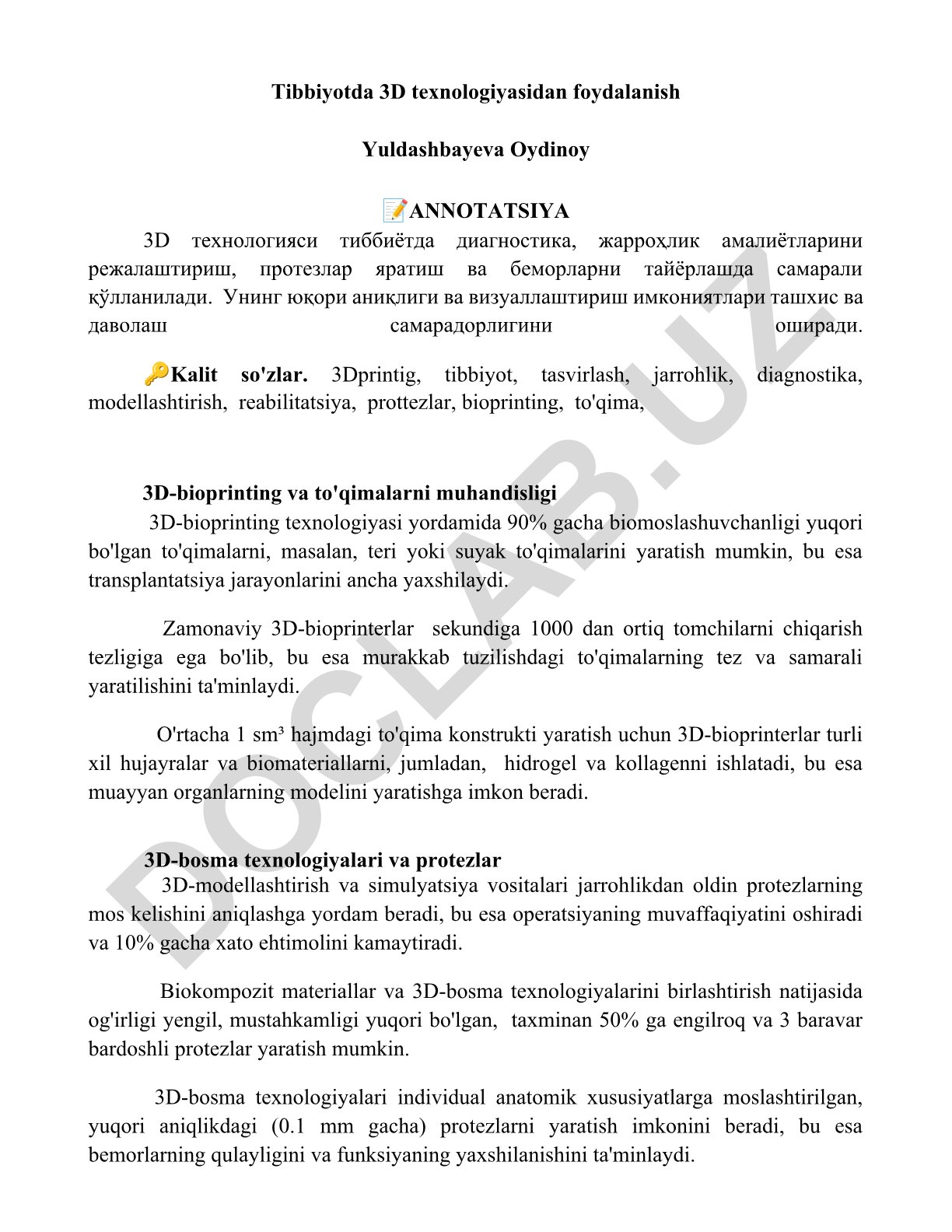 Tibbiyotda 3D texnologiyasidan foydalanish