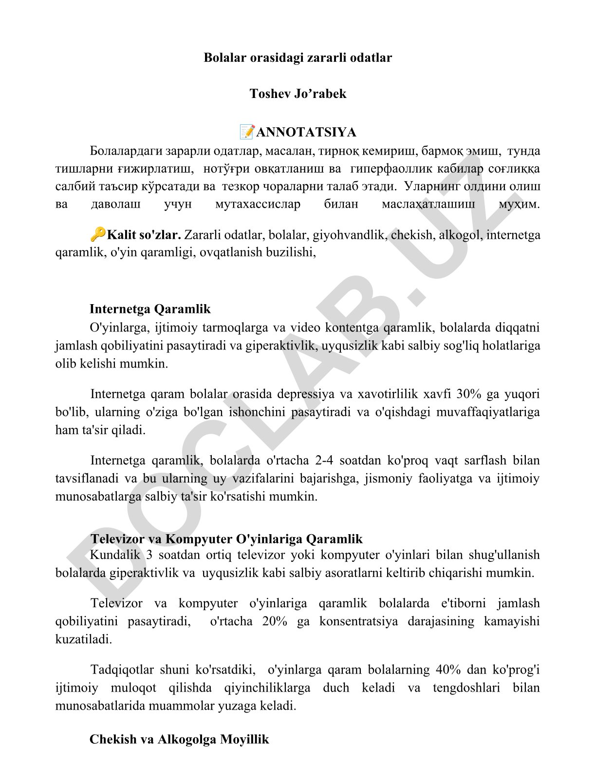 Bolalardagi zararli odatlar va ularning salbiy ta'sirlari
