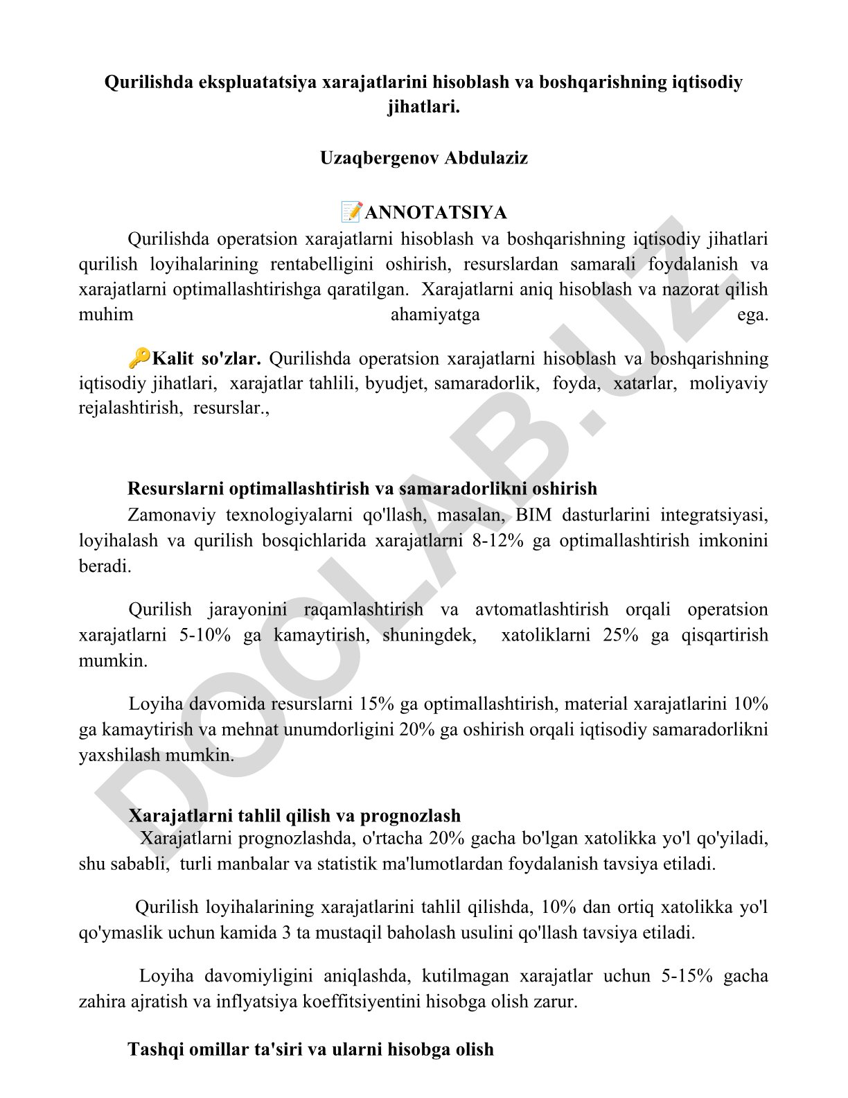 Qurilishda ekspluatatsiya xarajatlarini hisoblash va boshqarishning iqtisodiy jihatlari