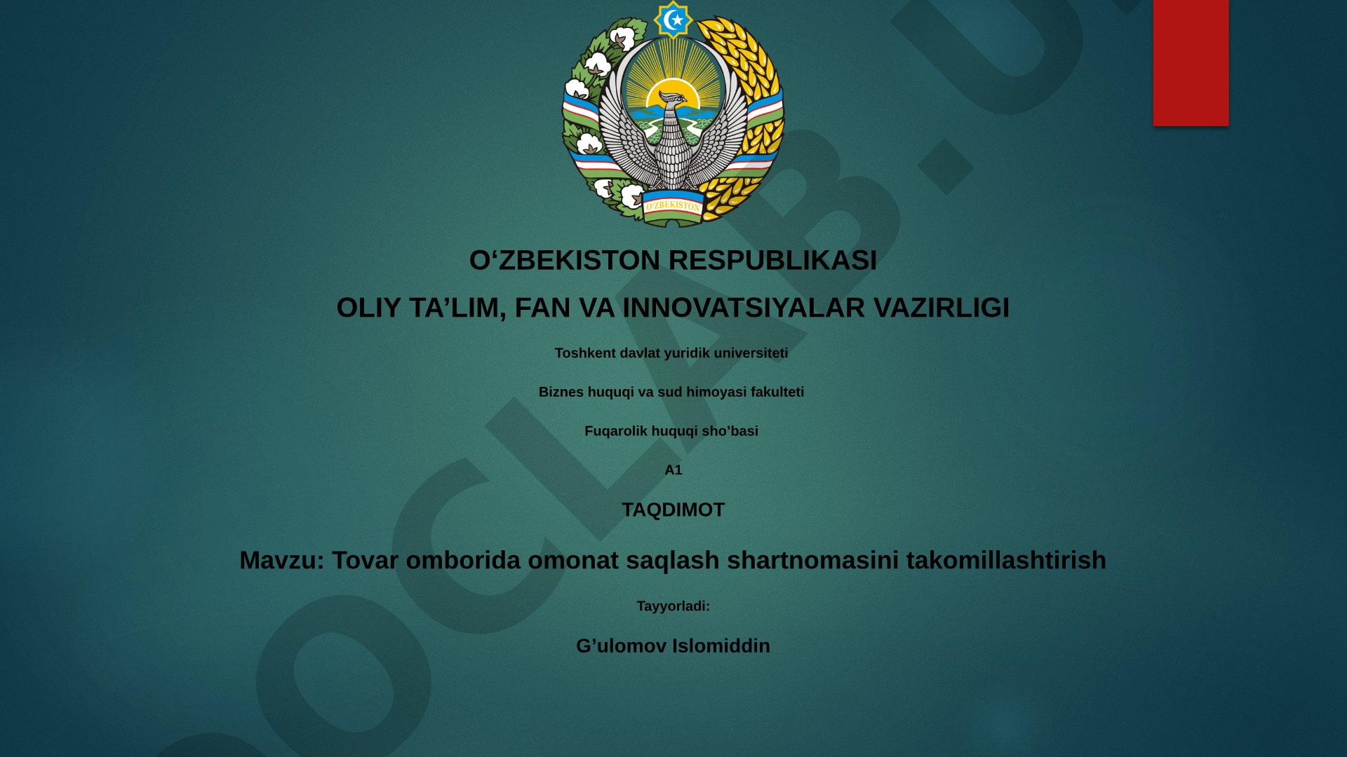 Tovar omborida omonat saqlash shartnomasini takomillashtirish