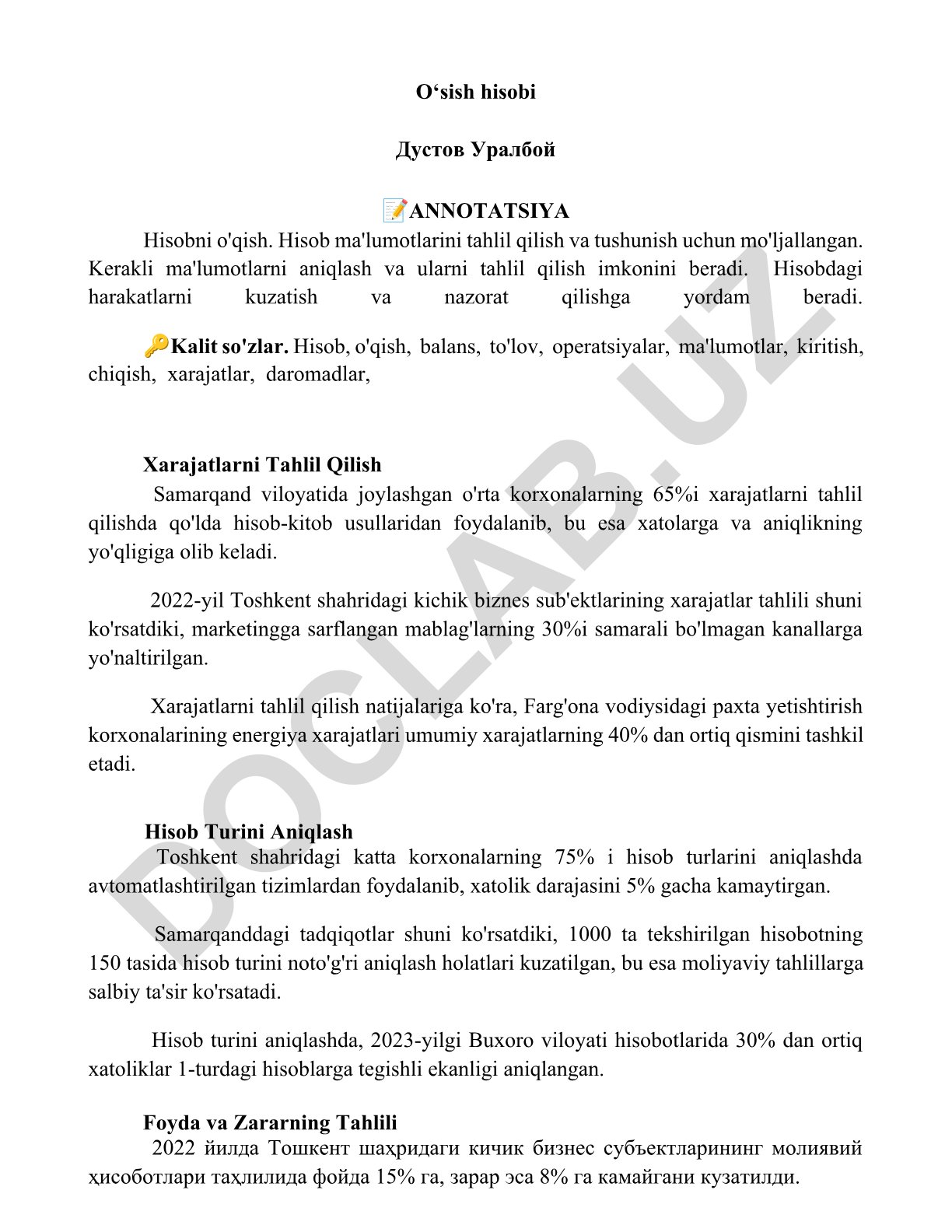 O'sish hisobi va xarajatlarni tahlil qilish