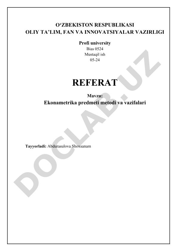 Ekonametrika predmeti metodi va vazifalari