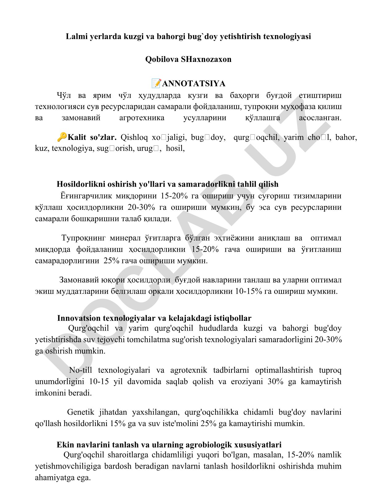 Lalmi yerlarda kuzgi va bahorgi bug'doy yetishtirish texnologiyasi