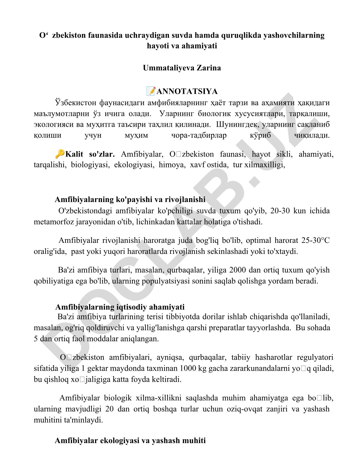 Oʻzbekiston faunasida uchraydigan amfibiyalarning hayoti va ahamiyati