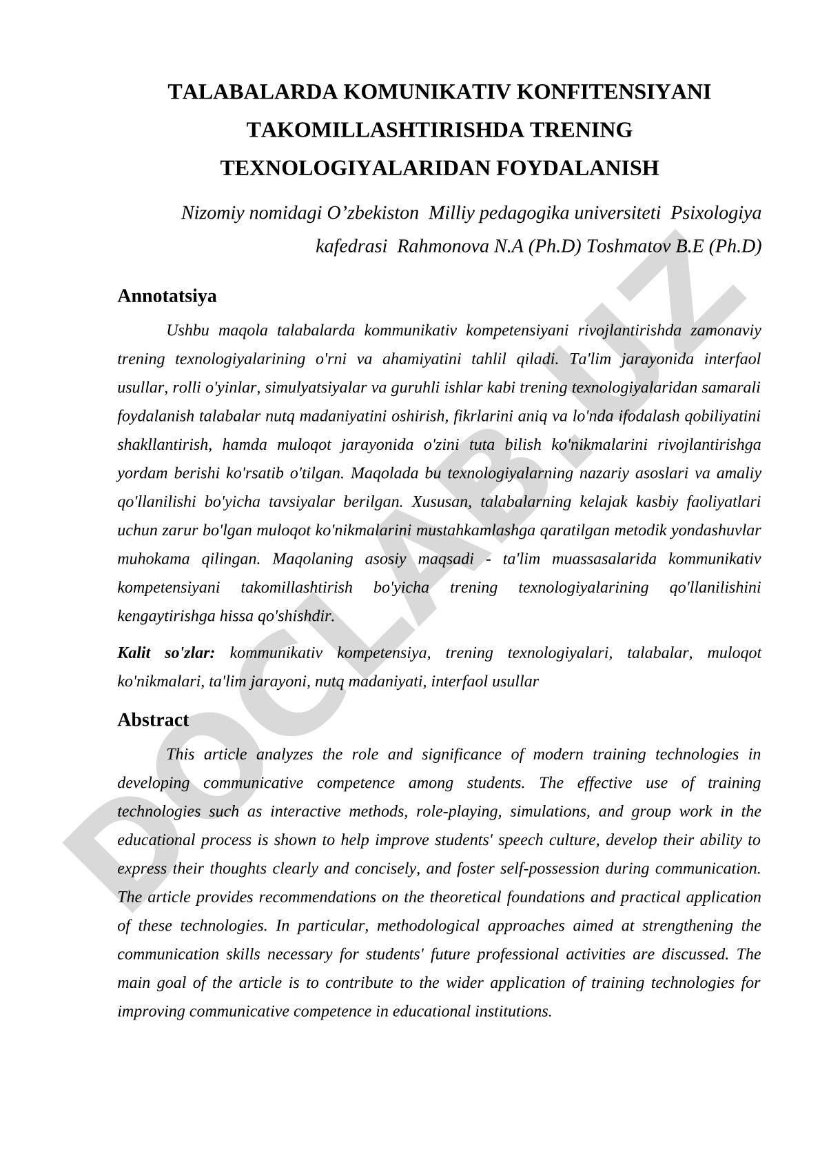 Talabalarda kommunikativ kompetensiyani takomillashtirishda trening texnologiyalaridan foydalanish