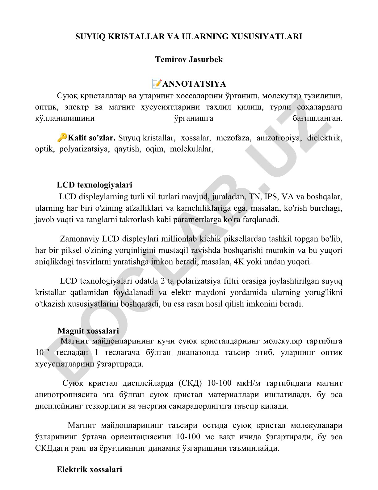 Suyuq kristallar va ularning xususiyatlari