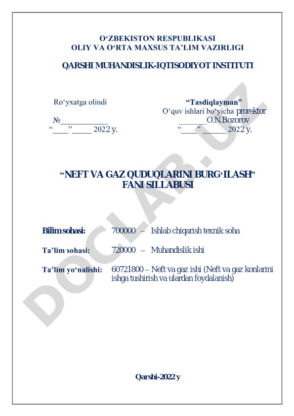 Neft va gaz quduqlarini burg'ilash fani sillabusi