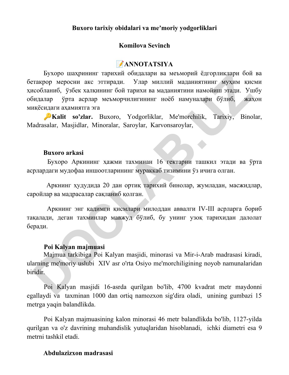 Buxoro tarixiy obidalari va meʼmoriy yodgorliklari
