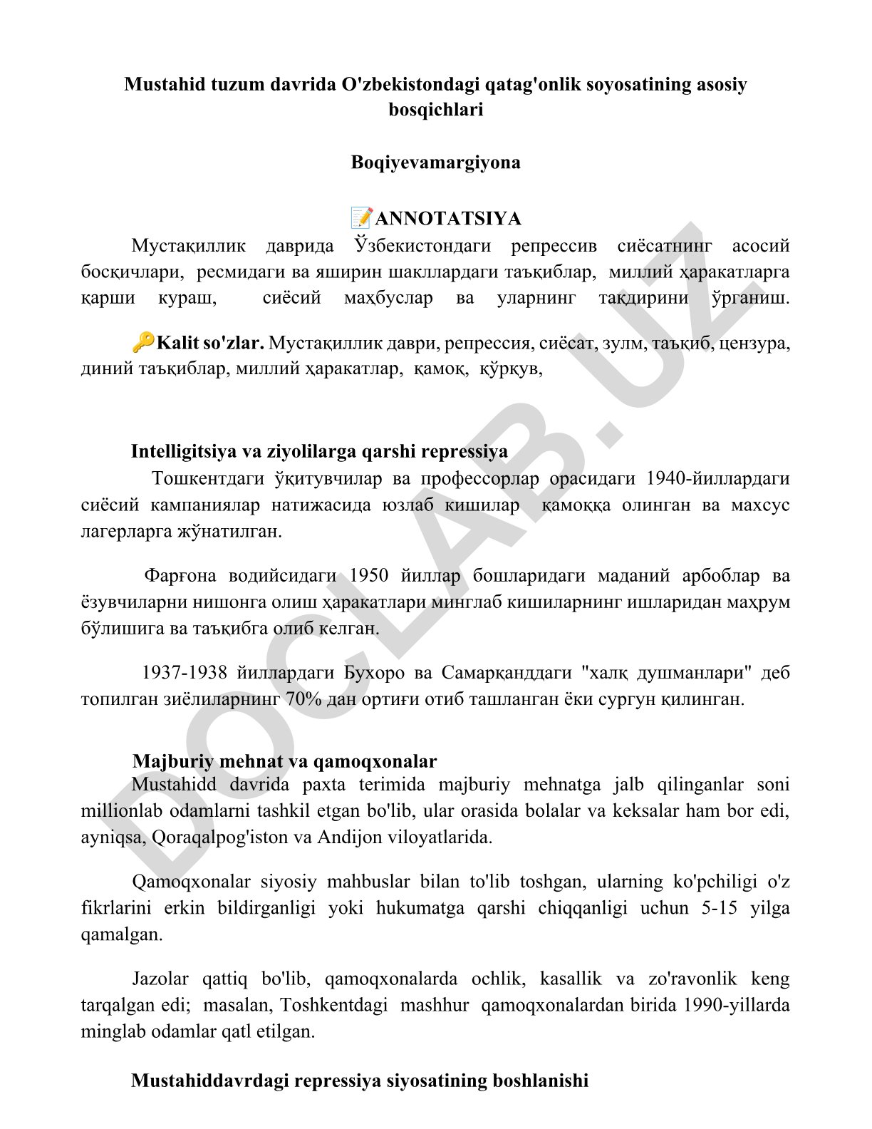 Mustahid tuzum davrida O'zbekistondagi qatag'onlik soyosatining asosiy bosqichlari
