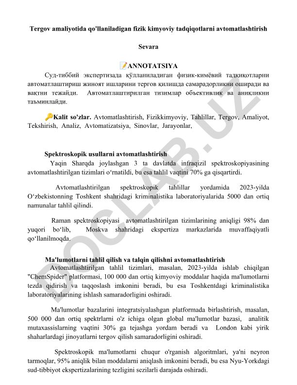 Tergov amaliyotida fizik kimyoviy tadqiqotlarni avtomatlashtirish