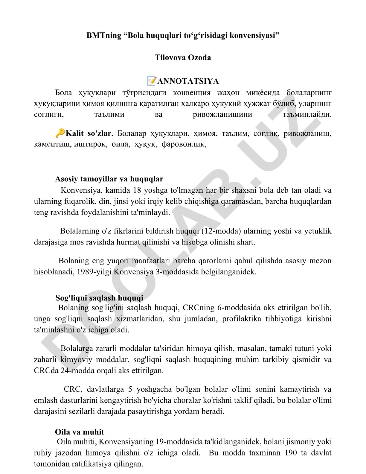 BMTning “Bola huquqlari to‘g‘risidagi konvensiyasi”