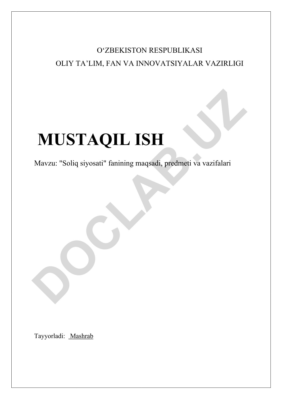 Soliq siyosati fanining maqsadi, predmeti va vazifalari