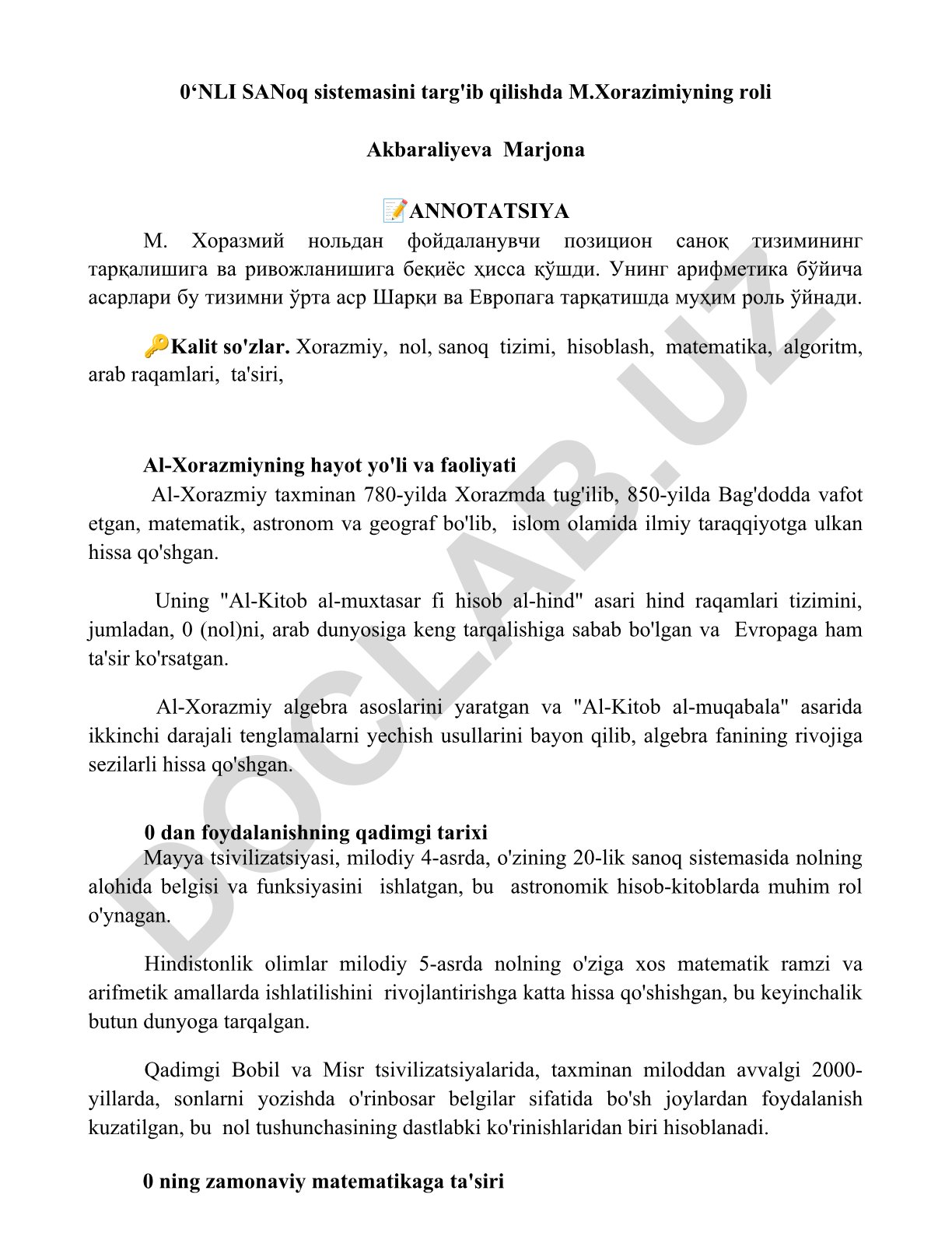 M.Xorazimiyning nol va sanoq tizimiga qo'shgan hissasi