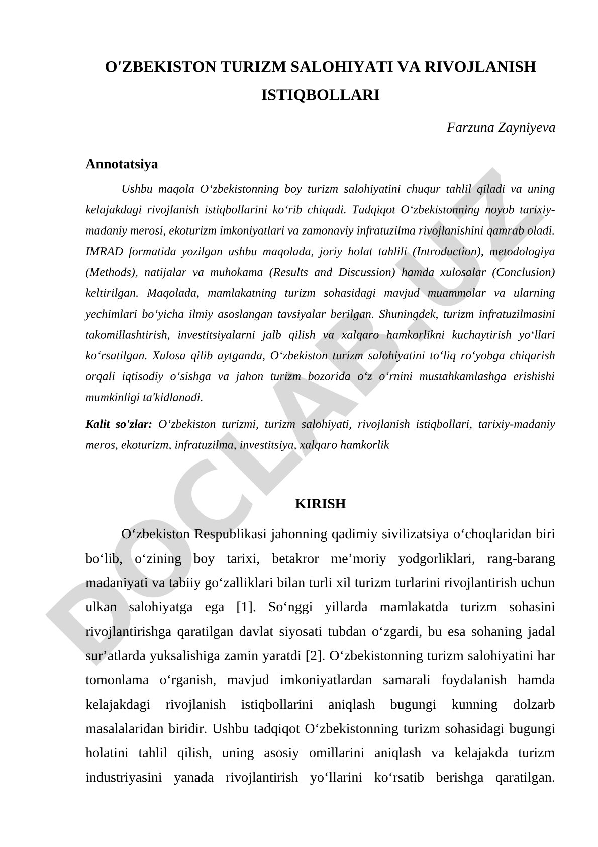 O'zbekiston turizm salohiyati va rivojlanish istiqbollari