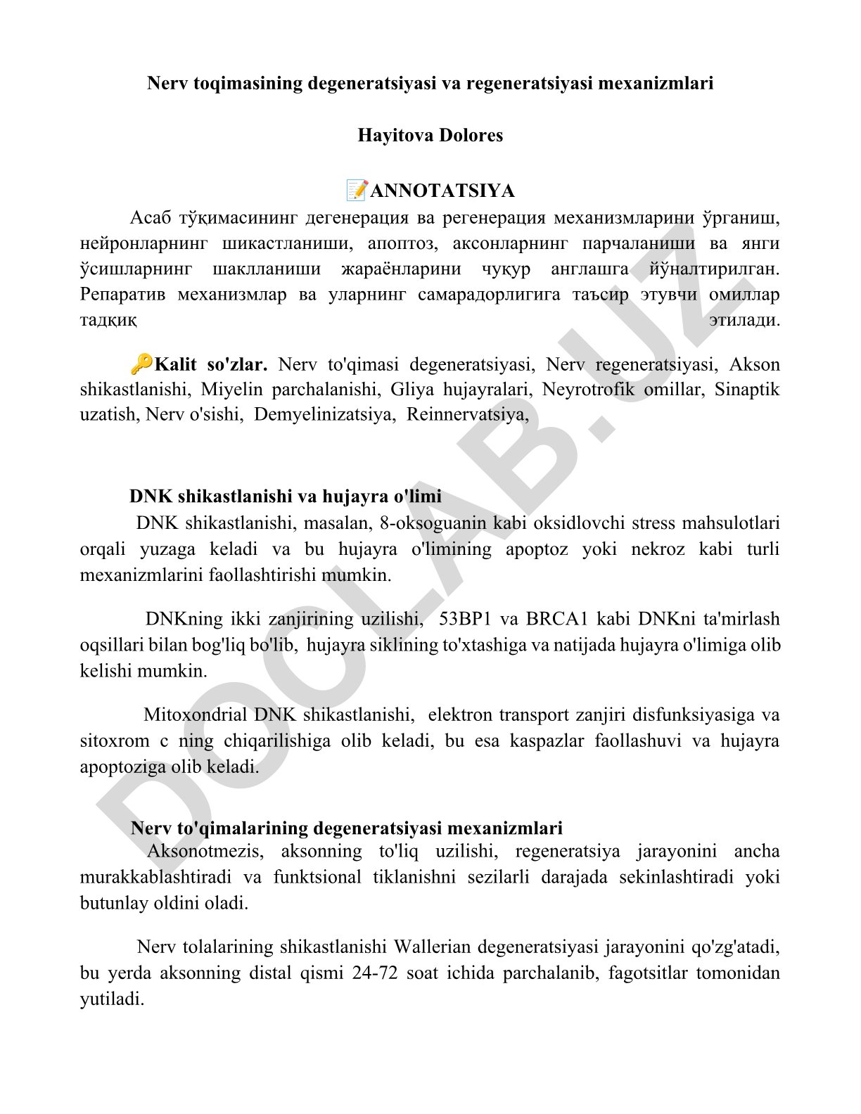 Nerv toqimasining degeneratsiyasi va regeneratsiyasi mexanizmlari