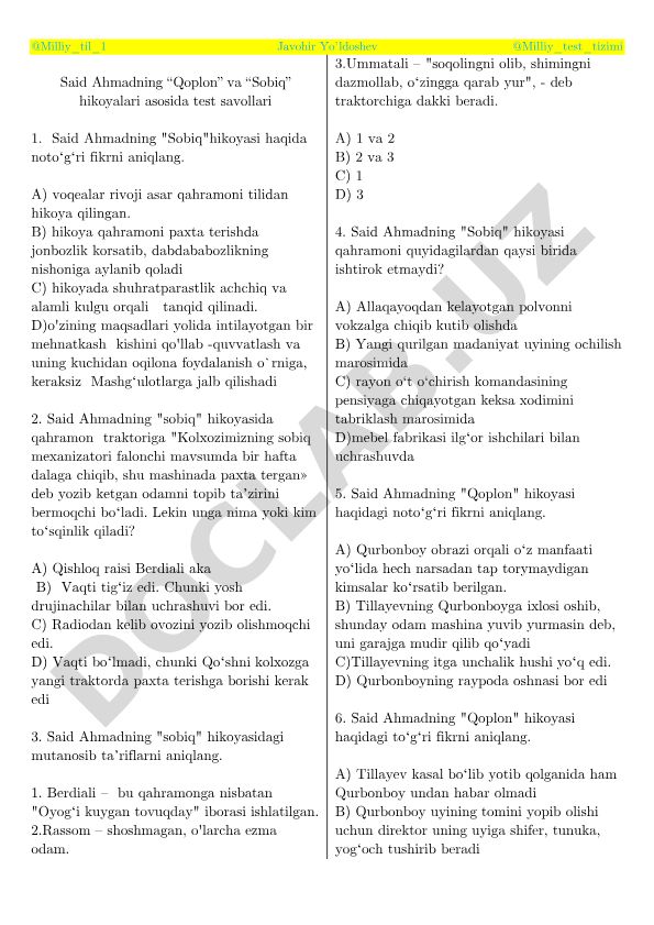 Said Ahmadning "Qoplon" va "Sobiq" hikoyalari asosida test savollari