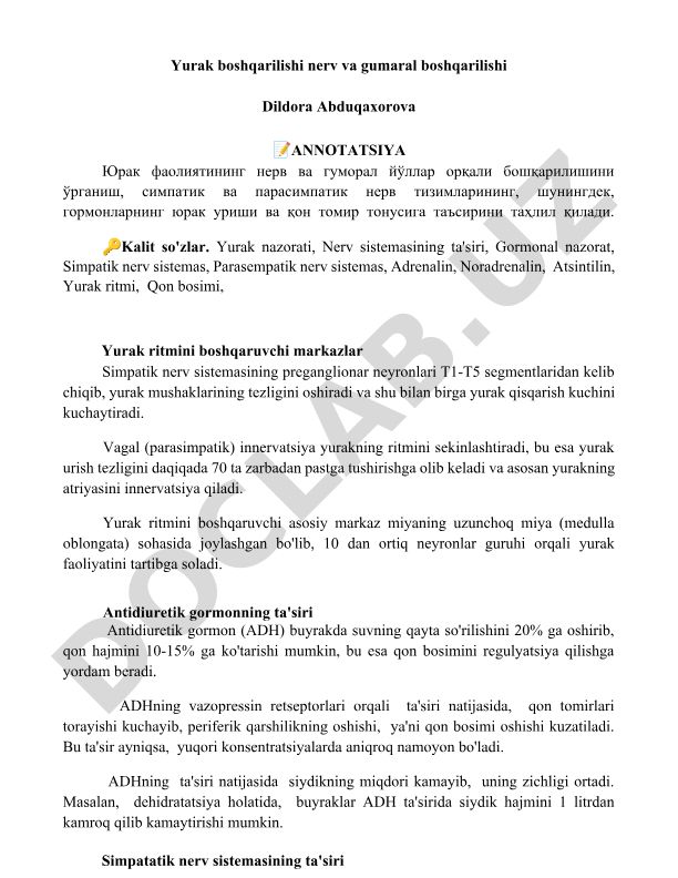 Yurak faoliyatining nerv va gormonal yo'llar orqali boshqarilishi