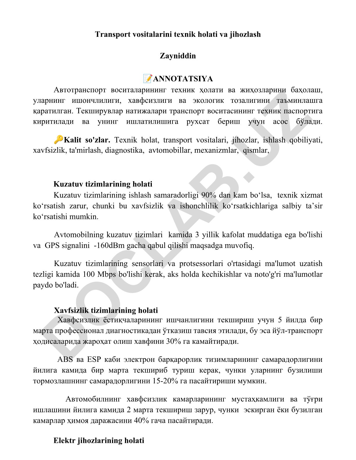 Transport vositalarini texnik holati va jihozlash
