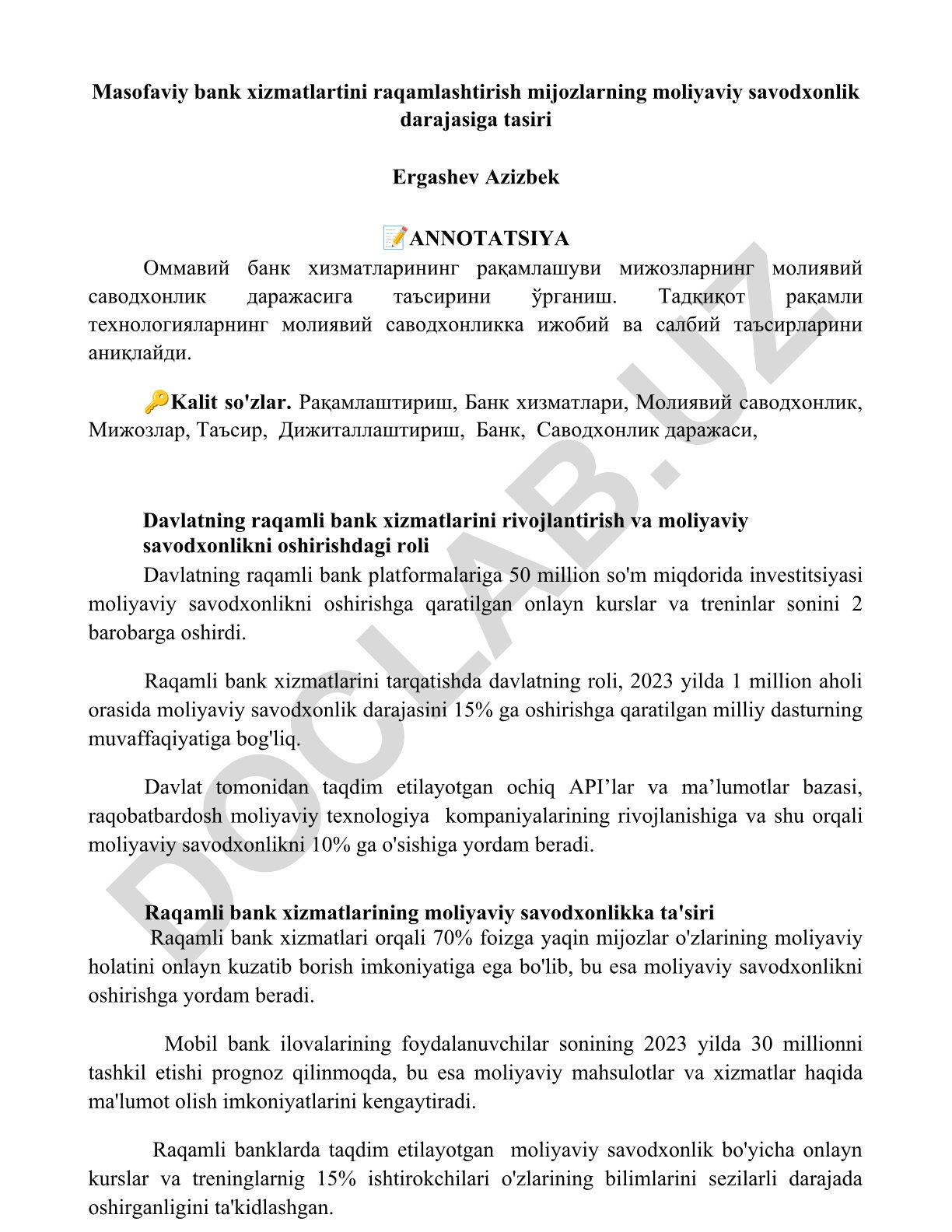 Masofaviy bank xizmatlarini raqamlashtirish mijozlarning moliyaviy savodxonlik darajasiga ta'siri