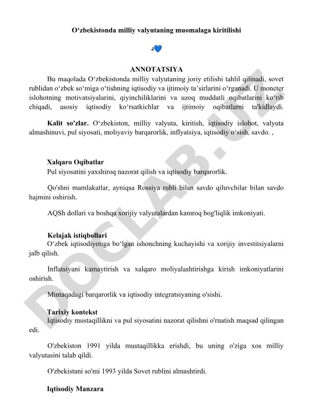Oʻzbekistonda milliy valyutaning muomalaga kiritilishi
