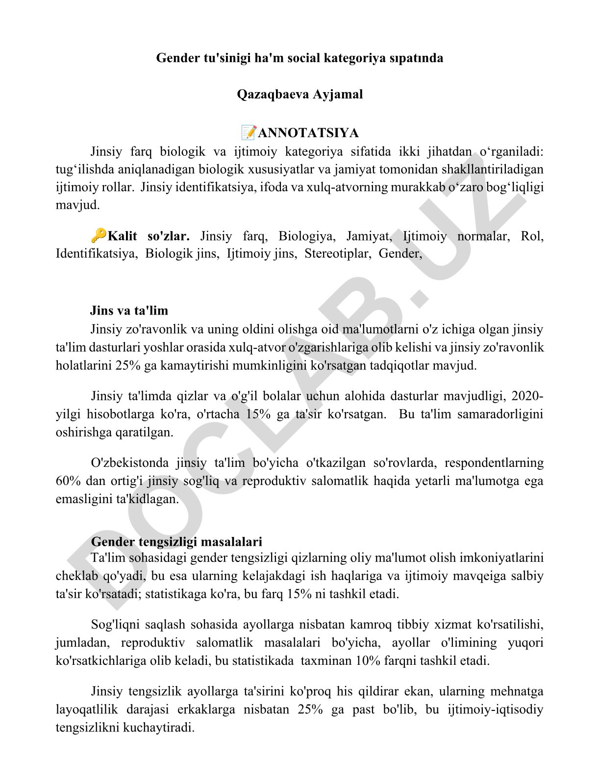 Gender tu'sinigi ha'm social kategoriya sıpatında