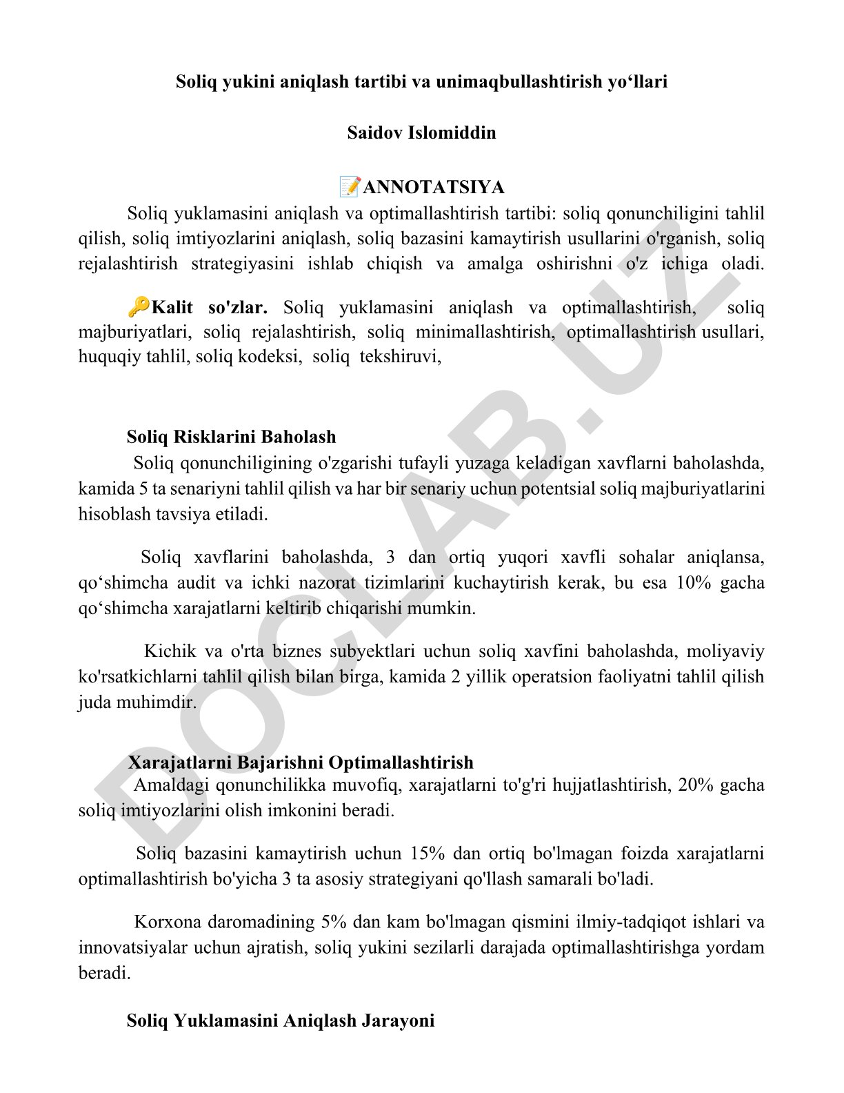 Soliq yukini aniqlash tartibi va unimaqbullashtirish yo‘llari