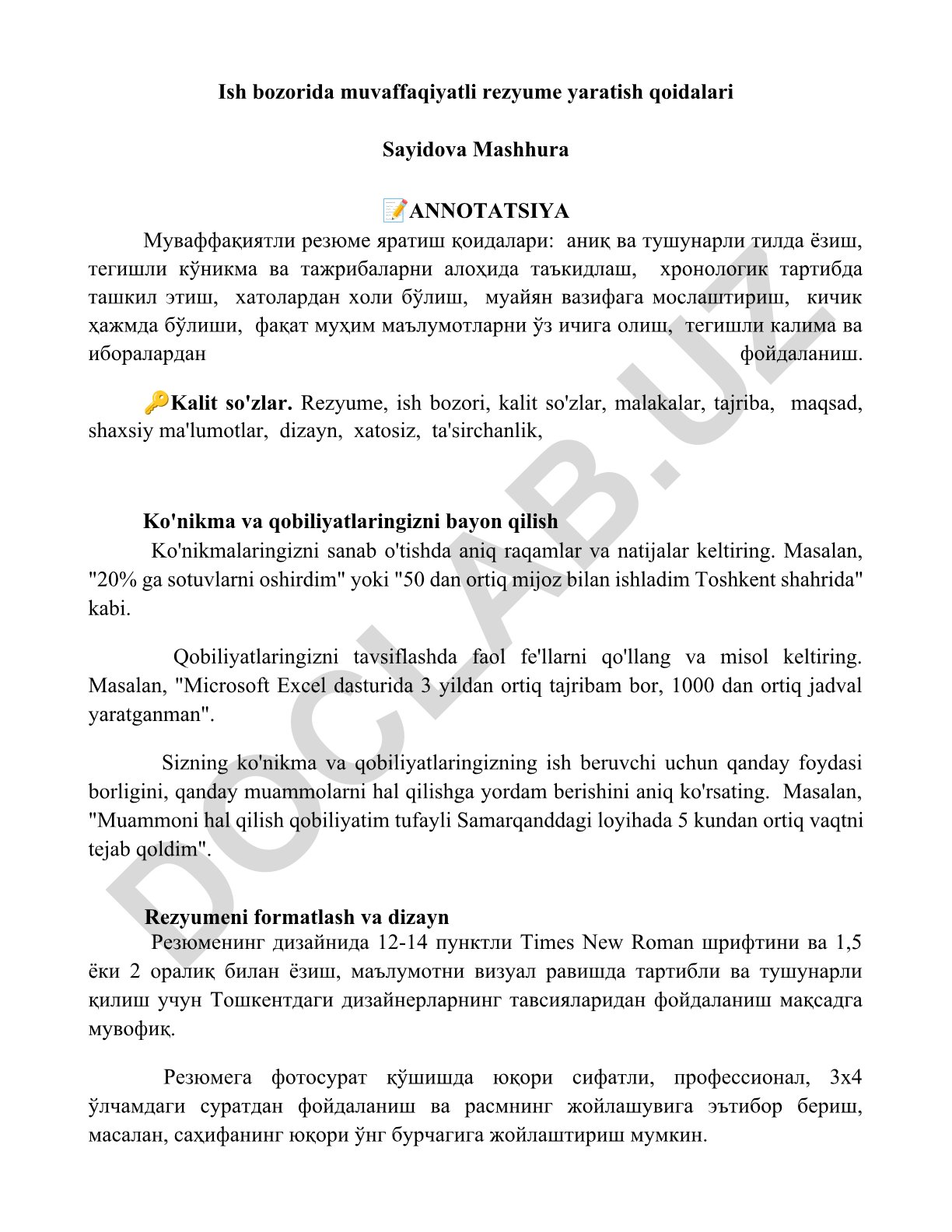 Ish bozorida muvaffaqiyatli rezyume yaratish qoidalari