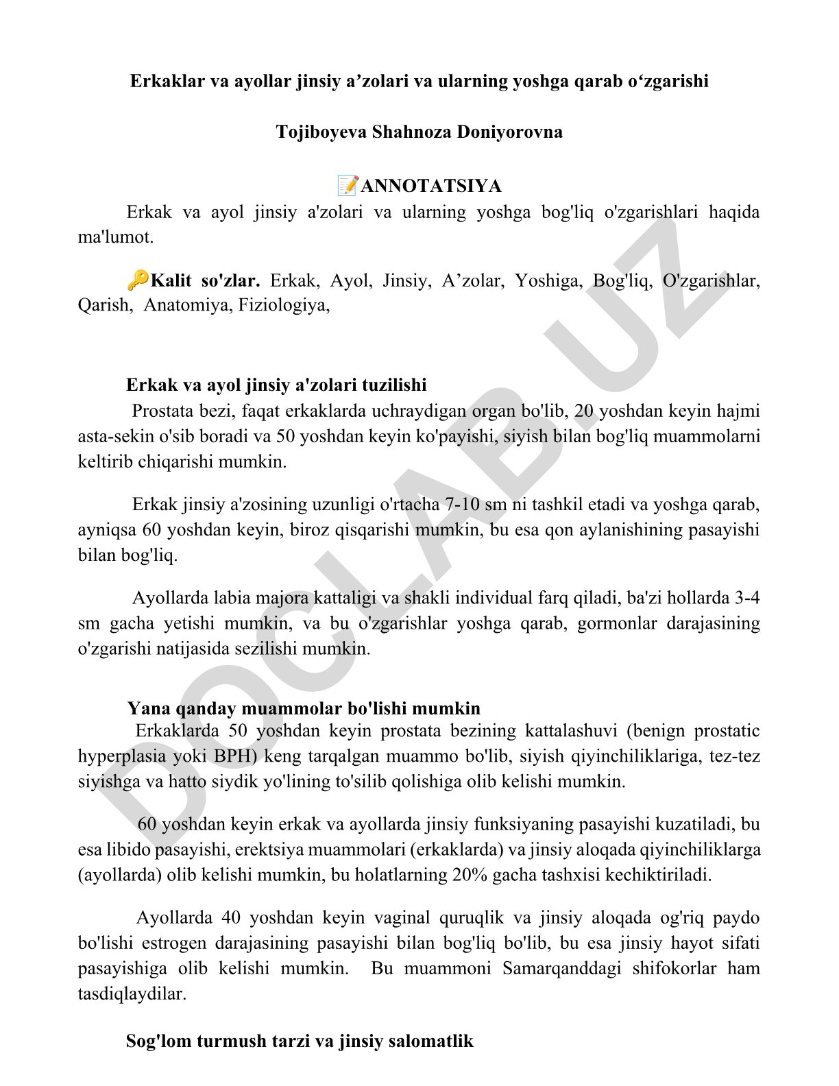 Erkak va ayol jinsiy a'zolari va ularning yoshga bog'liq o'zgarishlari