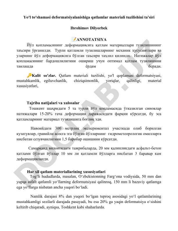 Yo'l to'shamasi deformatsiyalanishiga qatlamlar materiali tuzilishini ta'siri