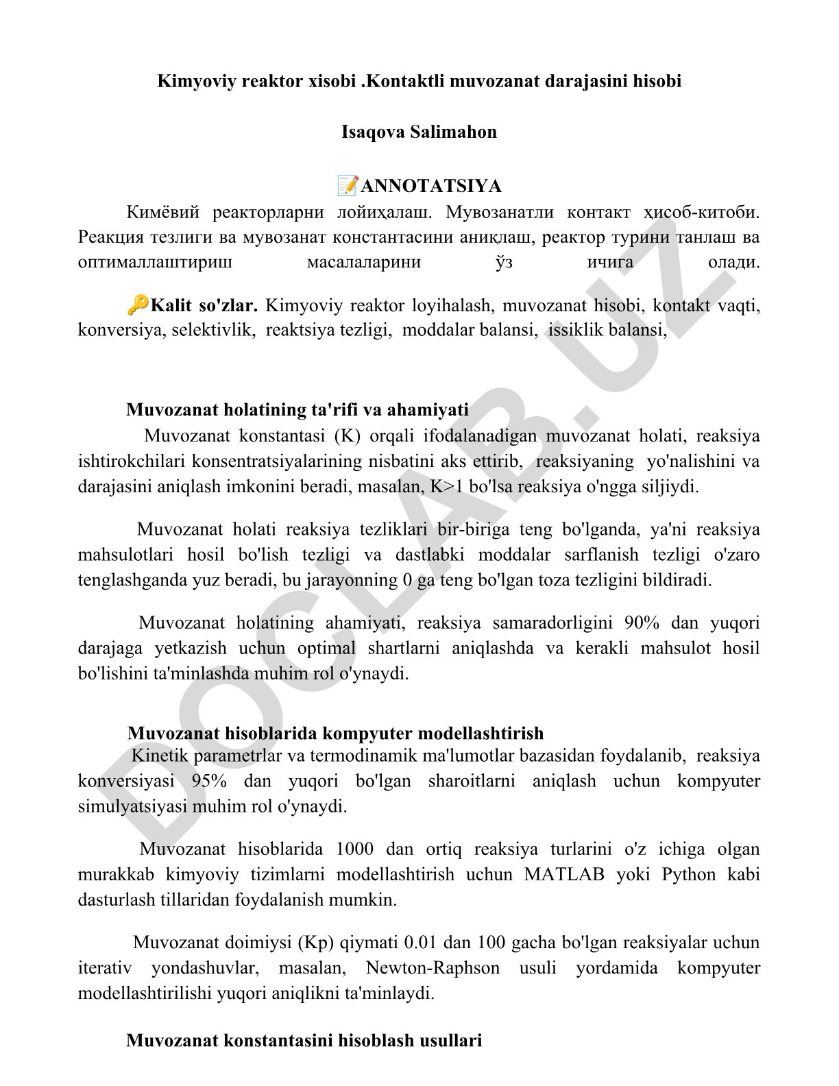 Kimyoviy reaktor loyihalash va muvozanat hisobi