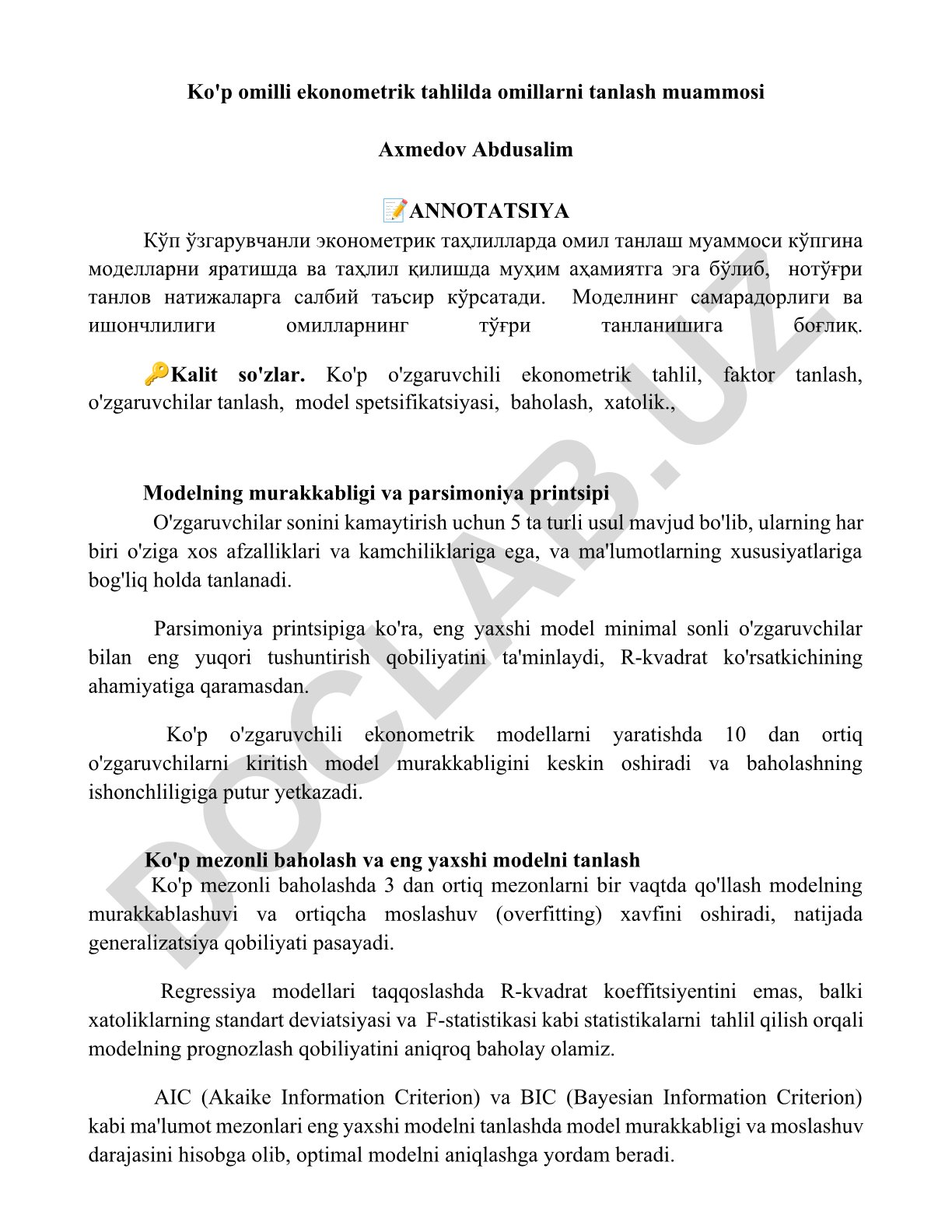 Ko'p omilli ekonometrik tahlilda omillarni tanlash muammosi