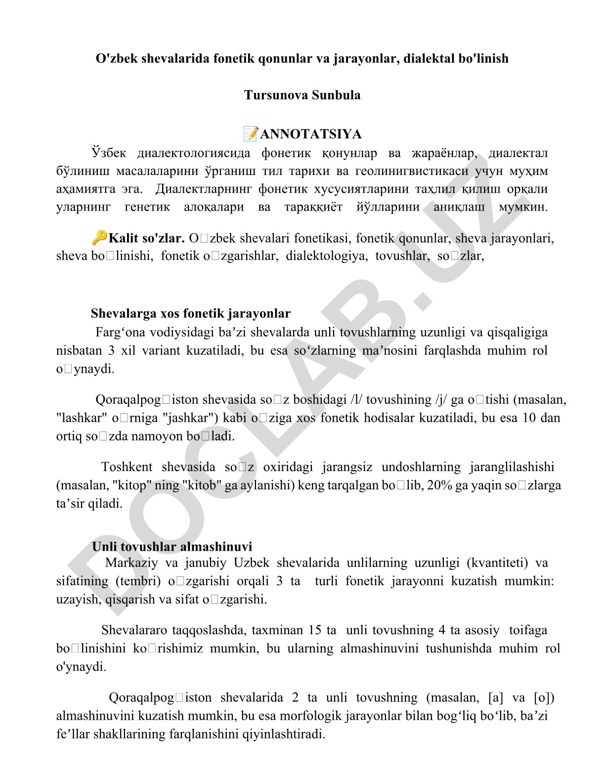 O'zbek shevalarida fonetik qonunlar va jarayonlar, dialektal bo'linish