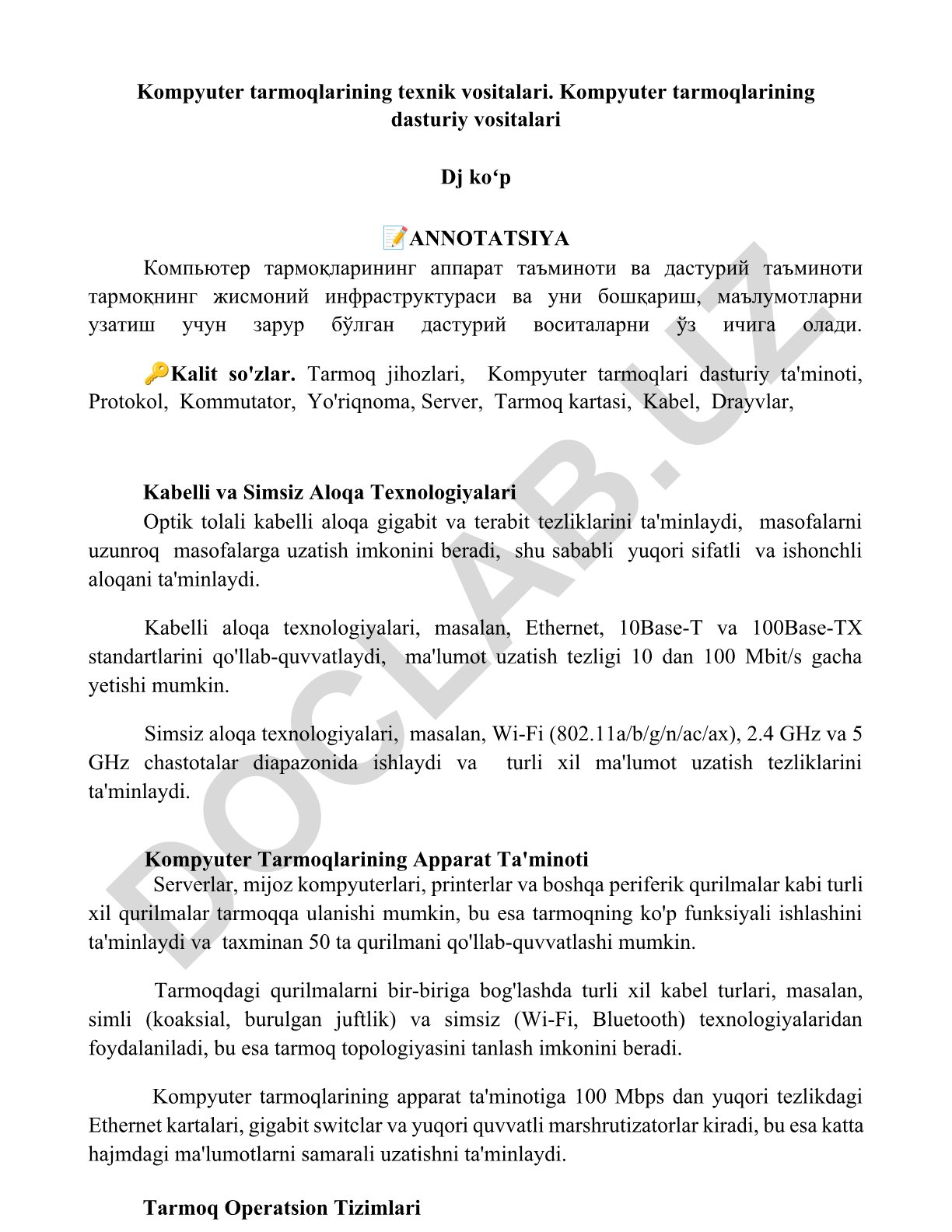 Kompyuter tarmoqlarining texnik va dasturiy vositalari