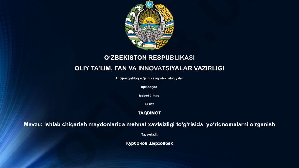 Ishlab chiqarish maydonlarida mehnat xavfsizligi to‘g‘risida yo‘riqnomalarni o‘rganish
