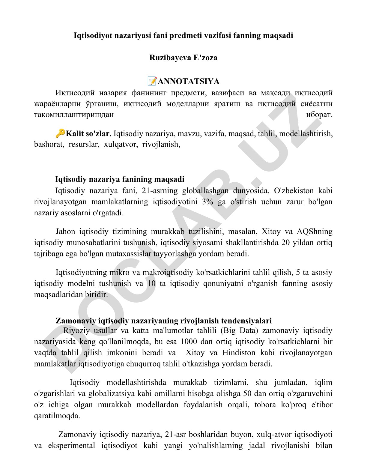 Iqtisodiy nazariya fanining predmeti, vazifasi va maqsadi